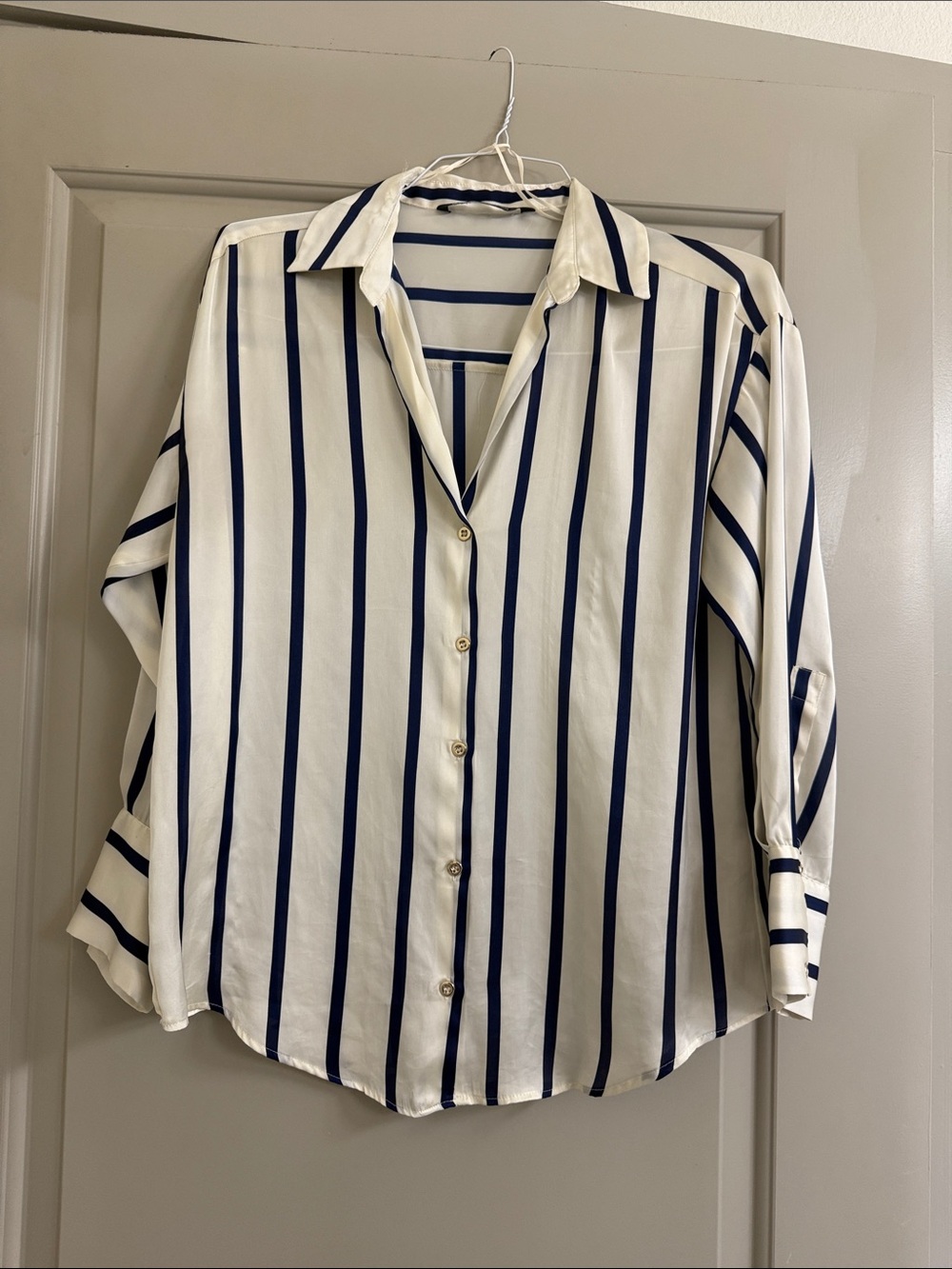 Zara Satin Cream Blouse with Navy Vertical Stripes